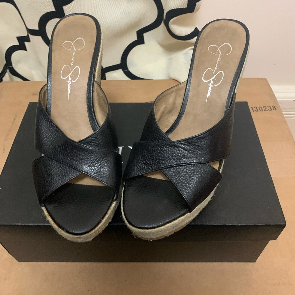 Black slip on Black and Tan Wedge Sandals